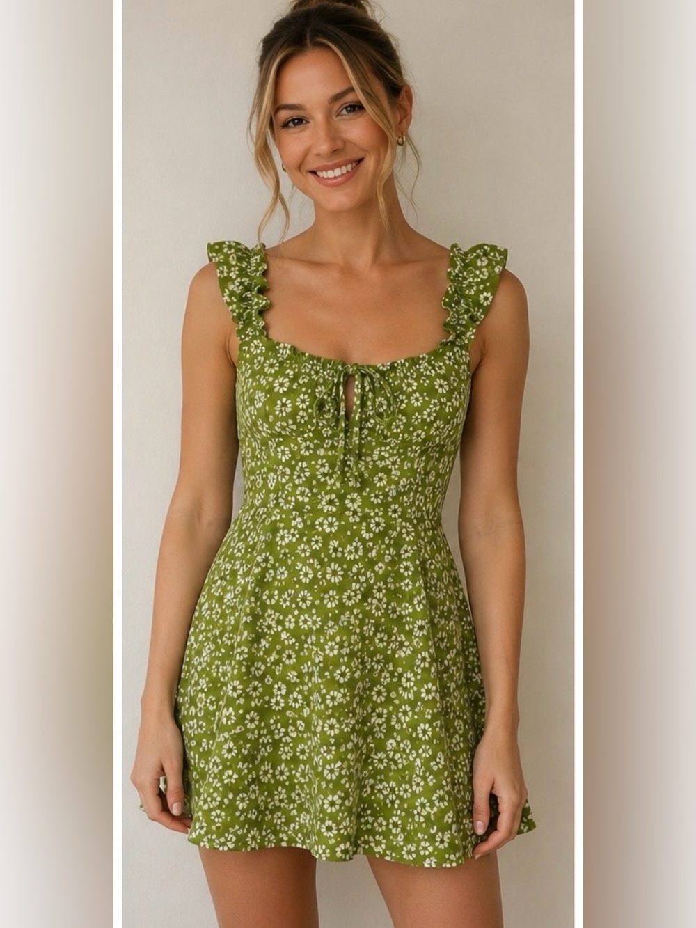 Reformation Green Floral Tie-Front Mini Dress